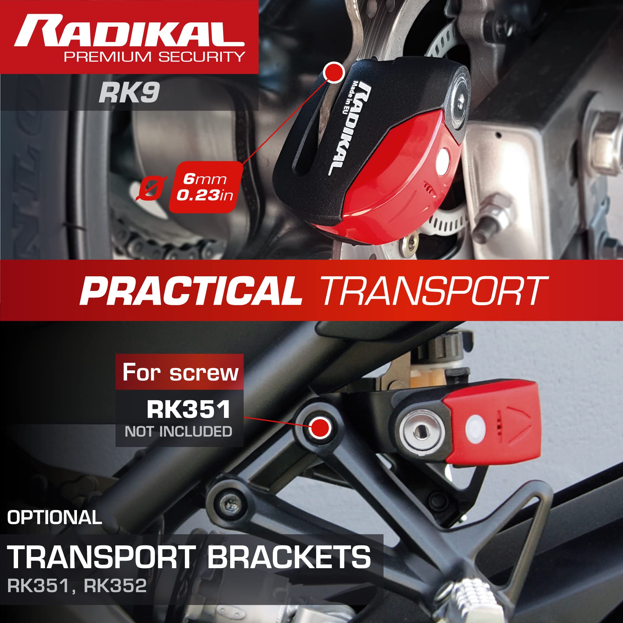RADIKAL RK9 Disc Lock Alarm 120db ON Button, More Visible, Warning Fonction, 100% Waterproof, Full Metal, Universal Anti Theft Wheel Brake Lock for Motorcycle, Scooter, Bike, Electric Scooter, Bicycle