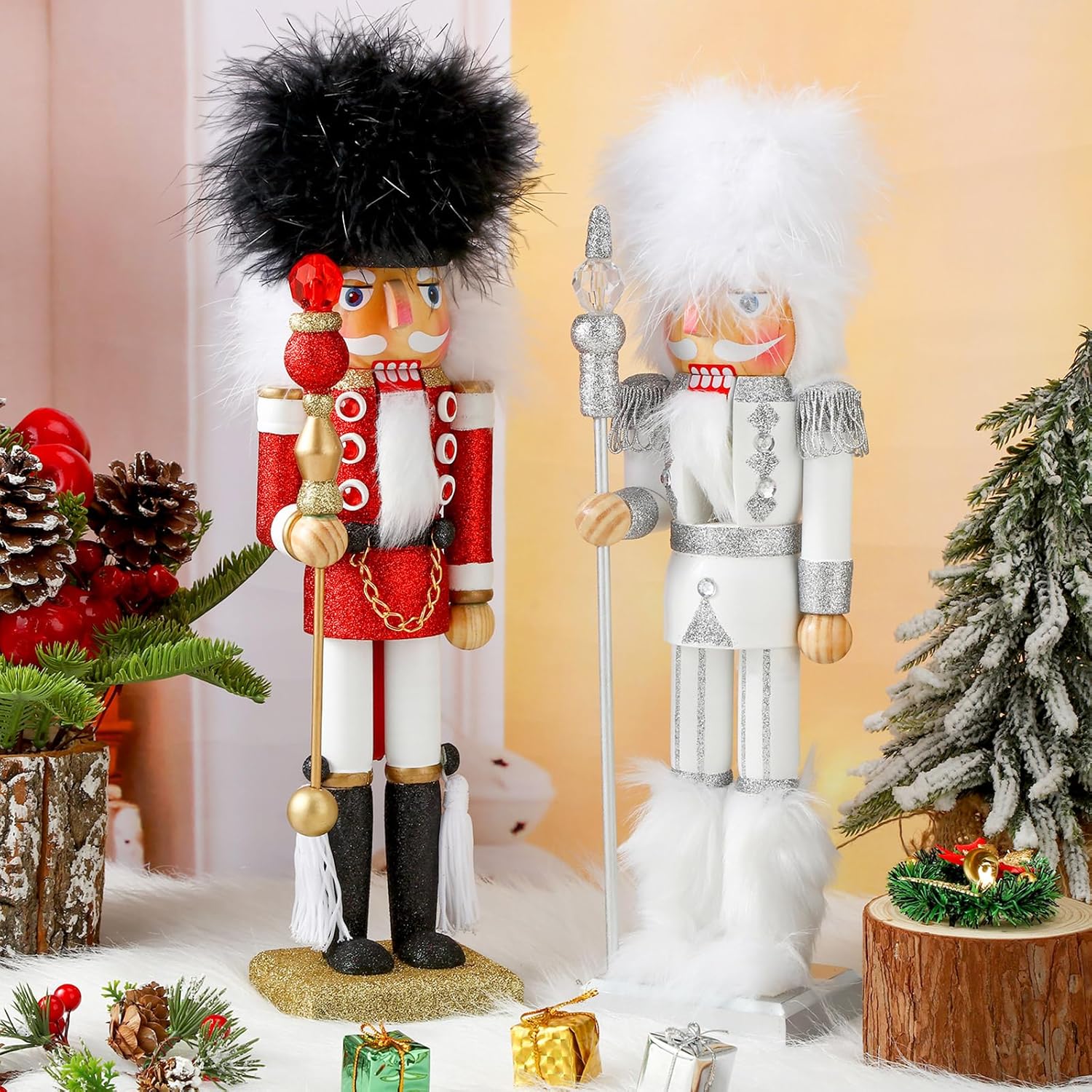 Nutcrackers - Soaoo 2 Pcs Christmas Nutcracker Ornament 14'' Wooden Nutcracker Figures Traditional Nutcrackers Soldier Christmas Decor with Gingerbread Man for Desktop Table Collectible Decoration (Formal)