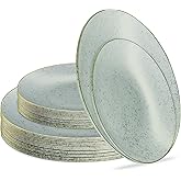 PLASTICPRO 32 Pack Elegant Disposable Plastic Plates Combo Set Includes 16 Dinner Plates and 16 Salad Plates Heavy Duty Fancy Party Plates Green Granite Plates with Gold rim