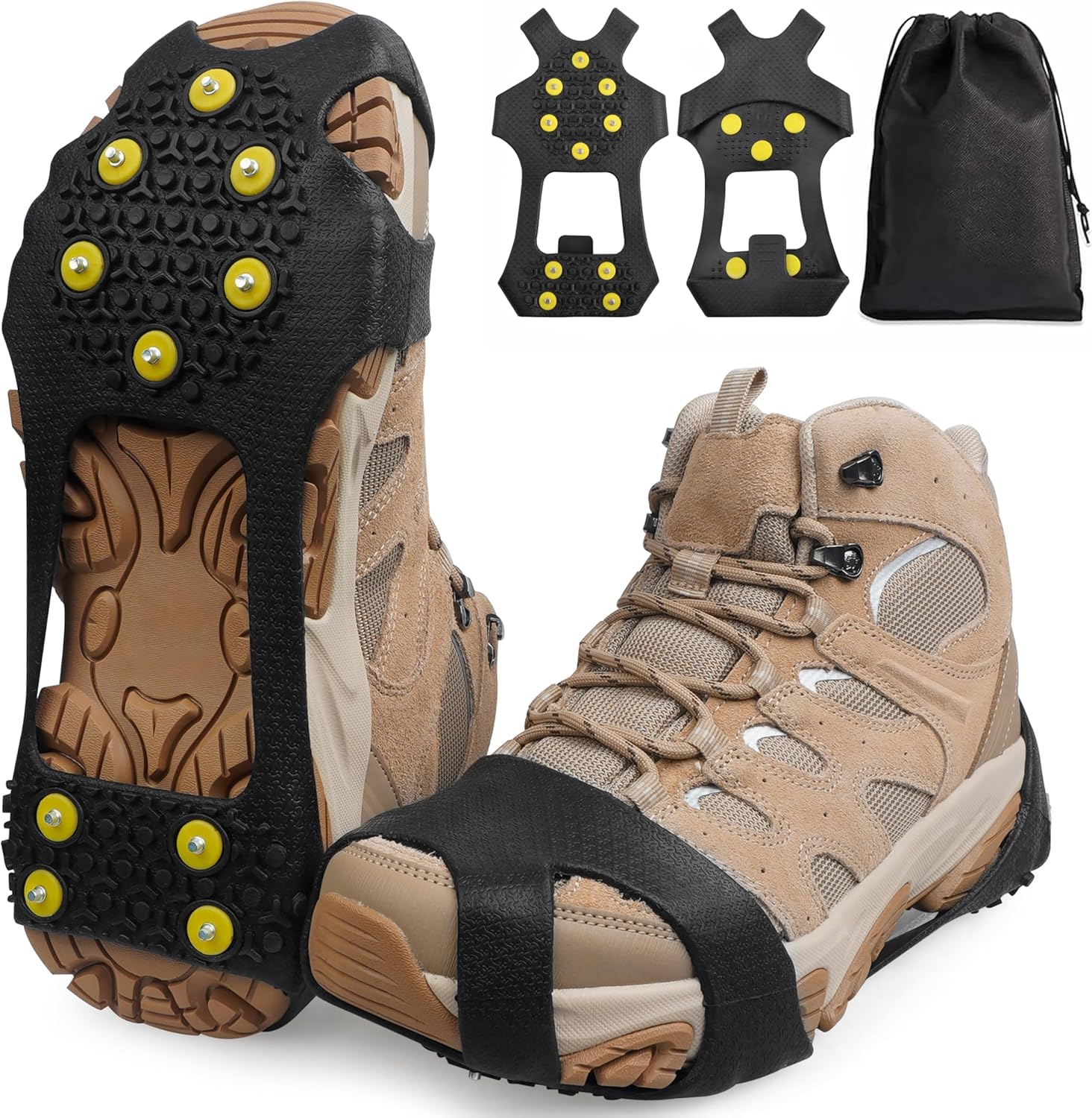 Ice Snow Grips Crampons Ice Cleats for Shoes and Boots,10 Studs Anti-Slip Shoe Spikes Snow Grippers Traction Cleats Slip-on Overshoe Stretch Fit Footwear for Hiking Fishing Climbing Walking(L)