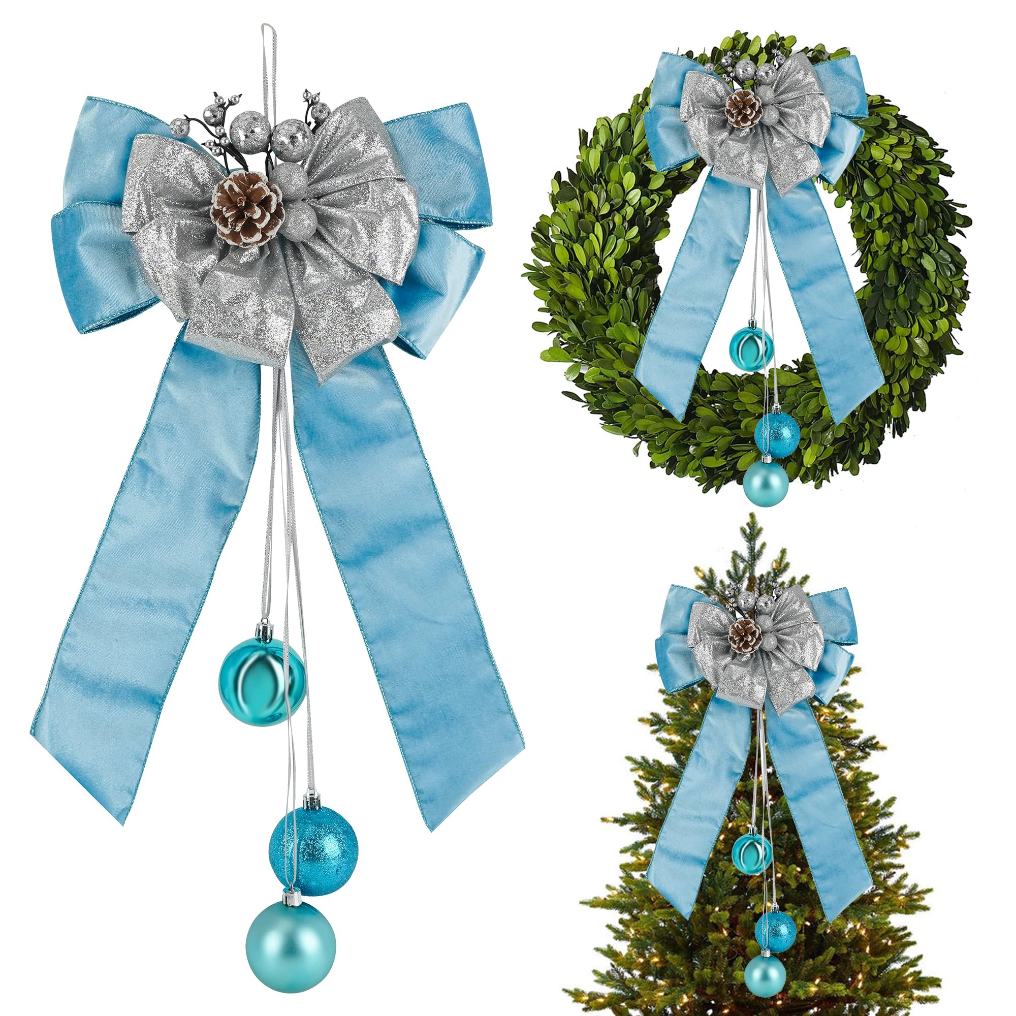 Photo 1 of AIMUDI Blue Christmas Tree Topper Bows, 11 x 16 Inches Blue Bows for Christmas Tree Decorations Velvet Ribbon Bows with Baubles for Wreath, Door, Cabinet, Staircase, 1 PC