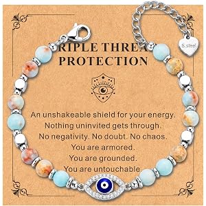 Bracelet for Women Natural Stone Beaded, Stainless Steel Charms, Adjustable | Cross Evil Eye Compass Wave Design, 6mm Natural