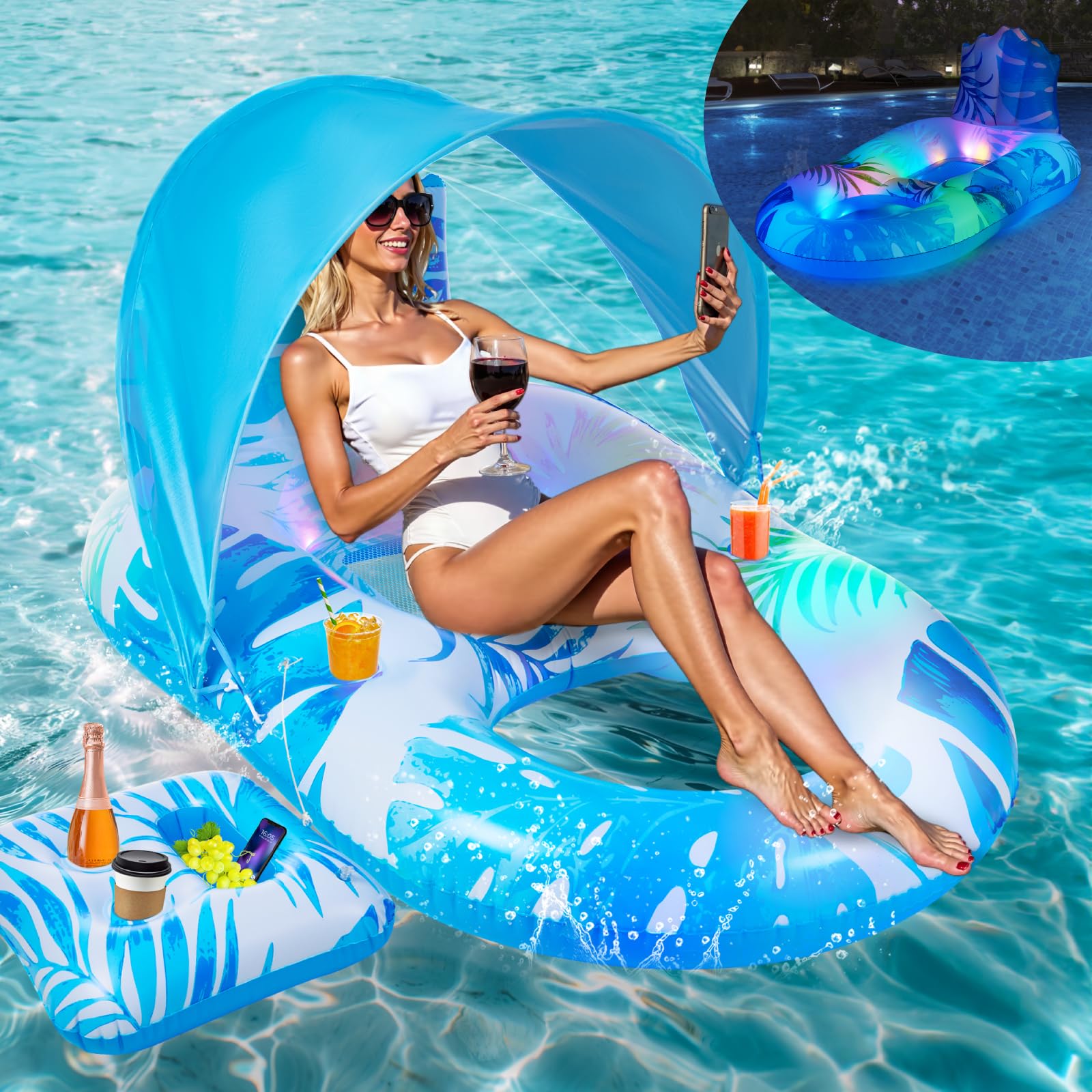 Photo 1 of Pool Lounger Float with Canopy UPF50+: LED Light Up Pools Floatie, Inflatable Pool Lounge, Large Tanning Floaties, Water Floats for Adults Kids Swim Toys with Cup Holder & Backrest, Footrest
