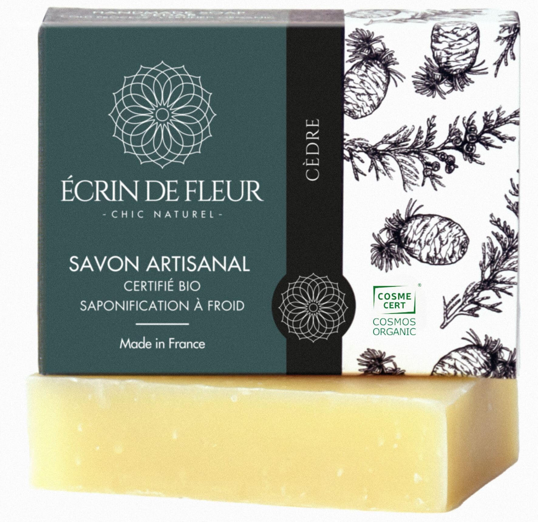 Écrin de Fleur – Organic Cedar Soap for Men, COSMOS & Nature et Progrès Certified, Cedarwood & Patchouli, Handmade in France, 90g