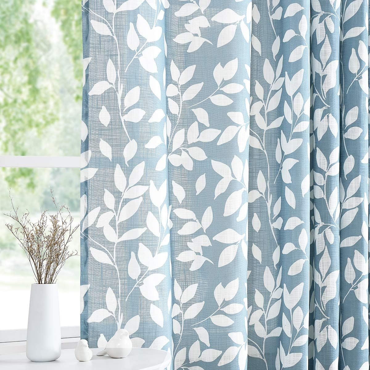 Blue SemiSheer Curtains for Living Room Windows 95" Long White Print