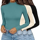 Huukeay 3 Pack Women's Ribbed Mock Turtleneck Tops Long Sleeve Lettuce Trim Neck T Shirts Slim Fit Basic Undershirt Tee