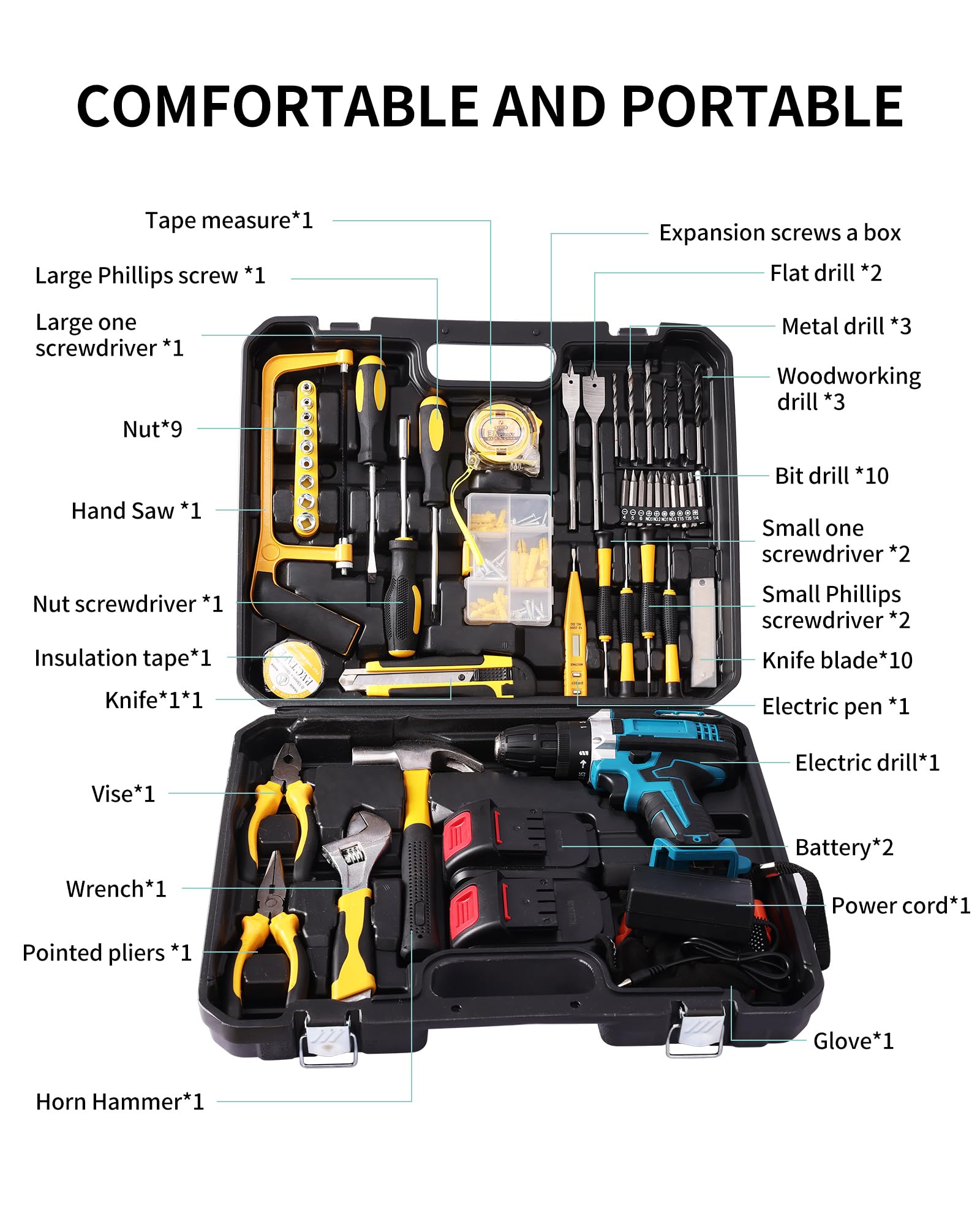 AOFUXTI Electric Screwdriver Drill Bit Set Kit, Home cordless drill tool box, Small Hand Drill ToolSet, Essential Portable Power Drills Set for Men, Battery Operated 20v Engineer's Tool