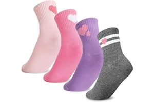 Guiqulai 4 Pairs Girls Crew Socks Soft Cotton Heart Socks for Kids 9-12 Years Breathable Crew Sports Sock for Girls School Ca