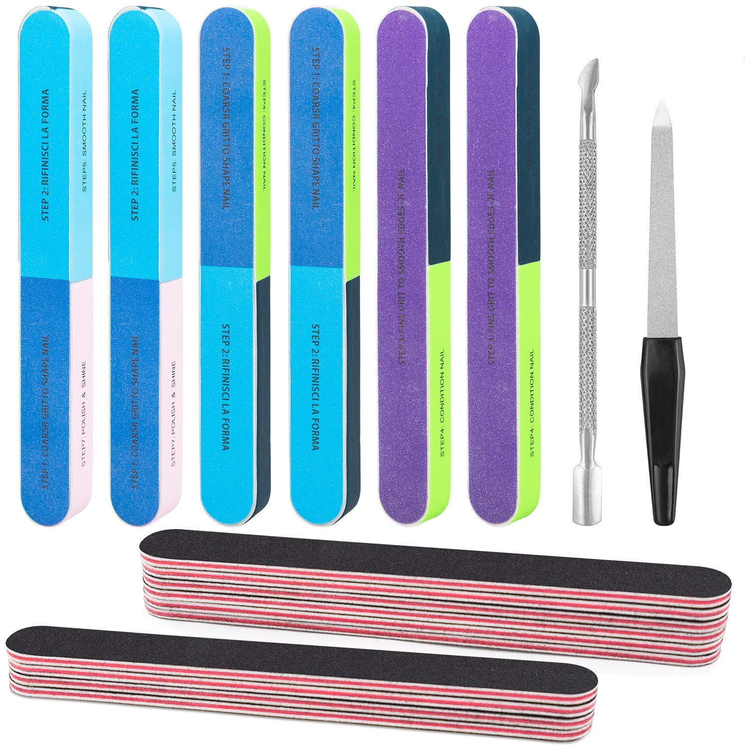 EAONE Nail File Buffer, Professional Manicure Tools Kit, 7 Sided Fingernail Files 6 Pack, Nail Buffer 100/180 Grit 10 Pack, Stainless Steel Nail File 1 Pack, Stainless Steel Cuticle Pusher 1 Pack : Beauty