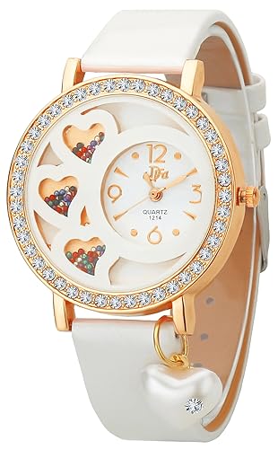 DFa Rose Gold White Heart Dial, Heart Dangle White Leather Strap Analogue Watch for Girls -DFa027