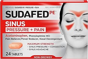 Sudafed PE Sinus Pressure + Pain Relief Maximum Strength Non-Drowsy Decongestant, 24 ct
