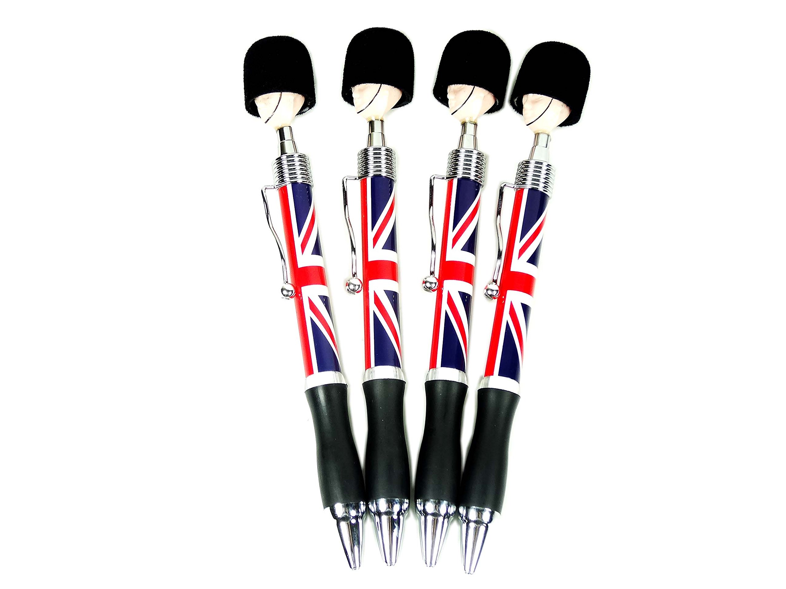 Stationeries Soldier Head Pens (Set of 4) - Collectable London Souvenir Ball Point Pens, Union Jack with Guardsman Head Design