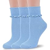 TZYDMN Womens Ruffle Socks Fashion Breathable Solid Color Turn-Cuff Cute Girls Ankle Socks 3 Pairs