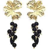 Unimooie Vintage Gold Women's Boho Lotus Leaf Black Beads Tassels Earrings Drop Bohemian Bead Stud Long Dangle Statement Earrings