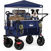 Foldable Push Wagon with Canopy, 200L Portable Folding Utility Pull Cart | 330lbs Heavy Duty Large Collapsible Wagon with All-Terrain Big Wheels &amp; Brakes for Shopping, Outdoor Camping and Beach, Blue