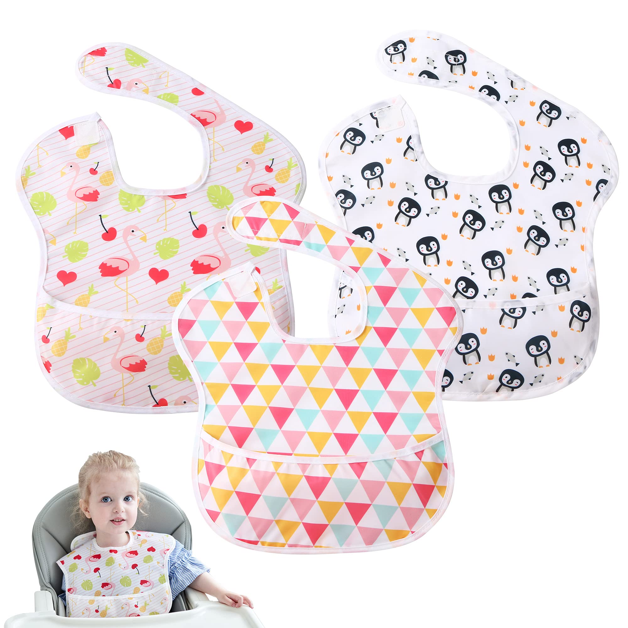 Little Dimsum 3 pack Baby Bibs Waterproof Bib Easy to Clean Feeding Bibs Weaning Bibs Adjustable Closed for Babies Toddlers with Large Pocket 6-36Months(Penguin & Flamingo & Triangle)