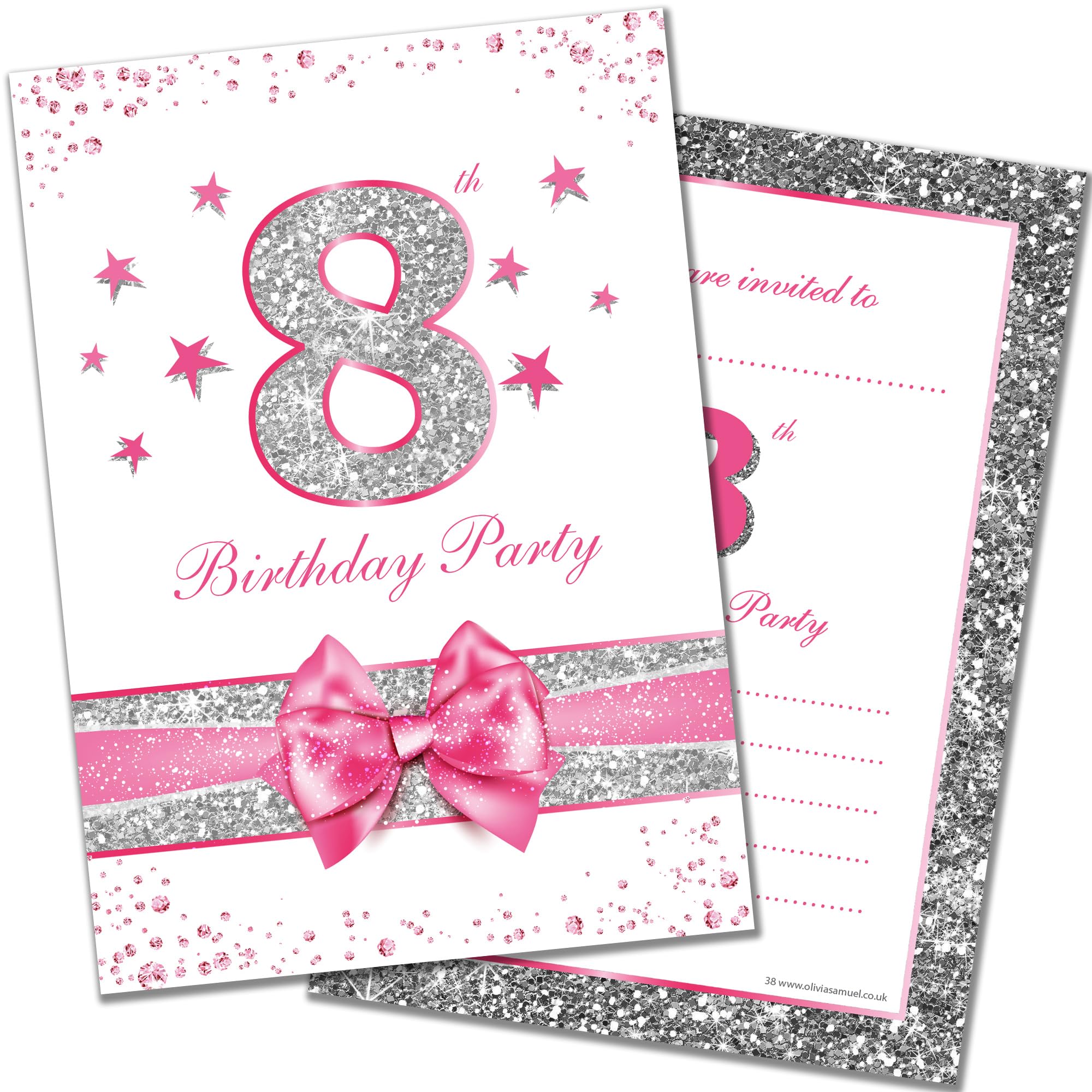Olivia Samuel 20 x 8th Birthday Party Invitations from Pink Sparkly Design and Photo Effect Silver Glitter - A6 Postcard Size with envelopes
