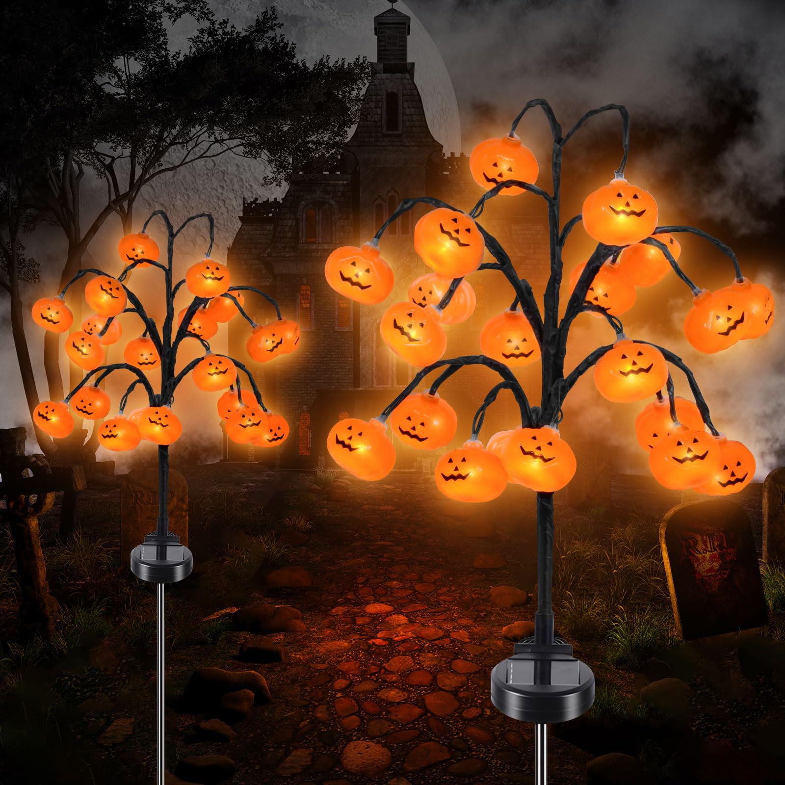 Qoosea Halloween Solar Lights Outdoor Decorations 2 Pack Pumpkin Lights, IP65 Waterproof Halloween Garden Ornaments, LED Garden Lamp Festival Decor, Perfect for Pathway, Yard, Patio, Backyard