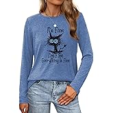 Long Sleeve T Shirts for Women Cute Cat Graphic Tees I‘m Fine Everything is Fine Tops Fall Crewneck Blouse Casual Outfits