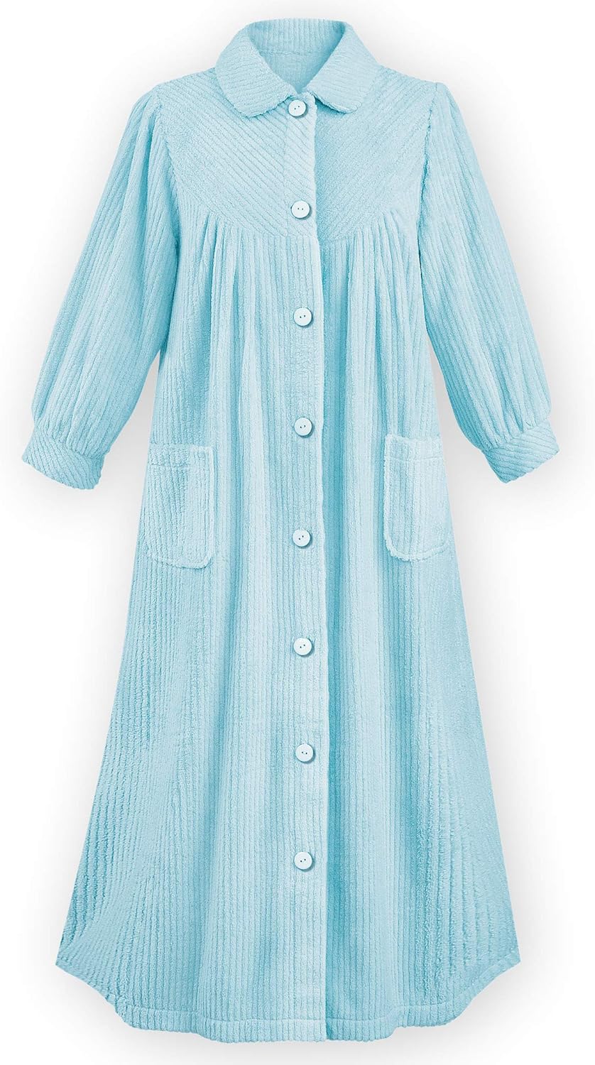 Cozy Full Button Front Long Robe with Front Patch Pockets and Easy Fit