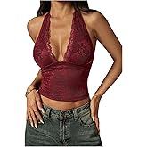 RoseSeek Women's Floral Lace Deep V Neck Halter Tops Y2K Backless Going Out Crop Tank Top