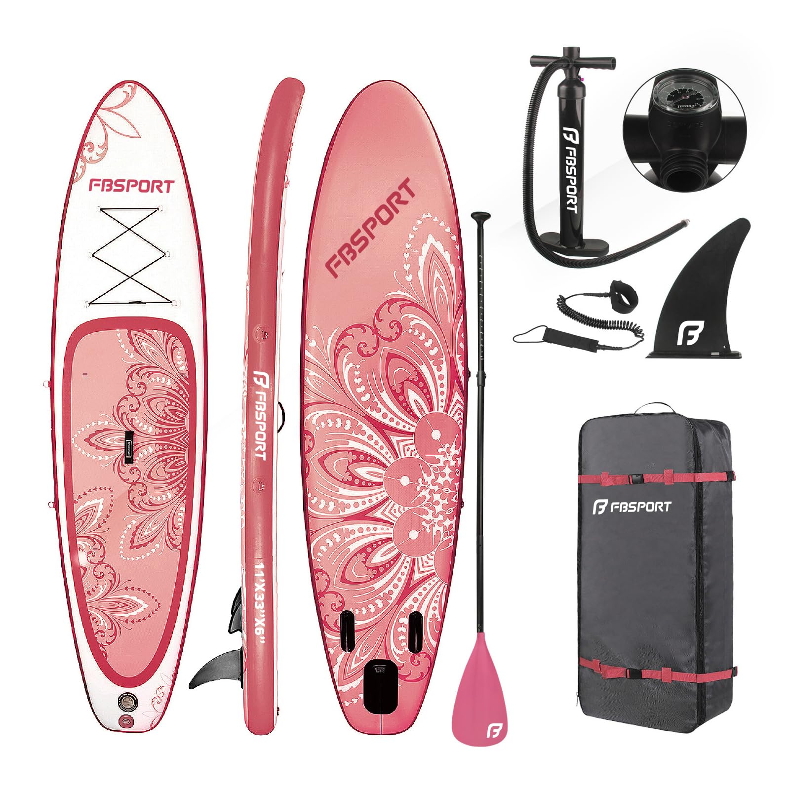 FBSPORT 11' Premium Stand Up Paddle Board, Yoga Board with SUP Accessories & Carry Bag | Wide Stance, Surf Control, Non-Slip Deck, Leash, Paddle and Pump for Youth & Adult (Flower Pink) Image