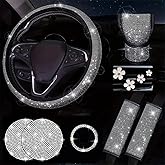 AutoCabins 11 pcs Bling Car Accessories Set for Women, Steering Wheel Cover, Sparkly Seat Belt Covers, Daisy Vent Clips, Bling Shift Cover, Universal Fit Most Cars (White Diamond)