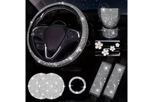 AutoCabins 11 pcs Bling Car Accessories Set for Women, Steering Wheel Cover, Sparkly Seat Belt Covers, Daisy Vent Clips, Bling Shift Cover, Universal Fit Most Cars (White Diamond)