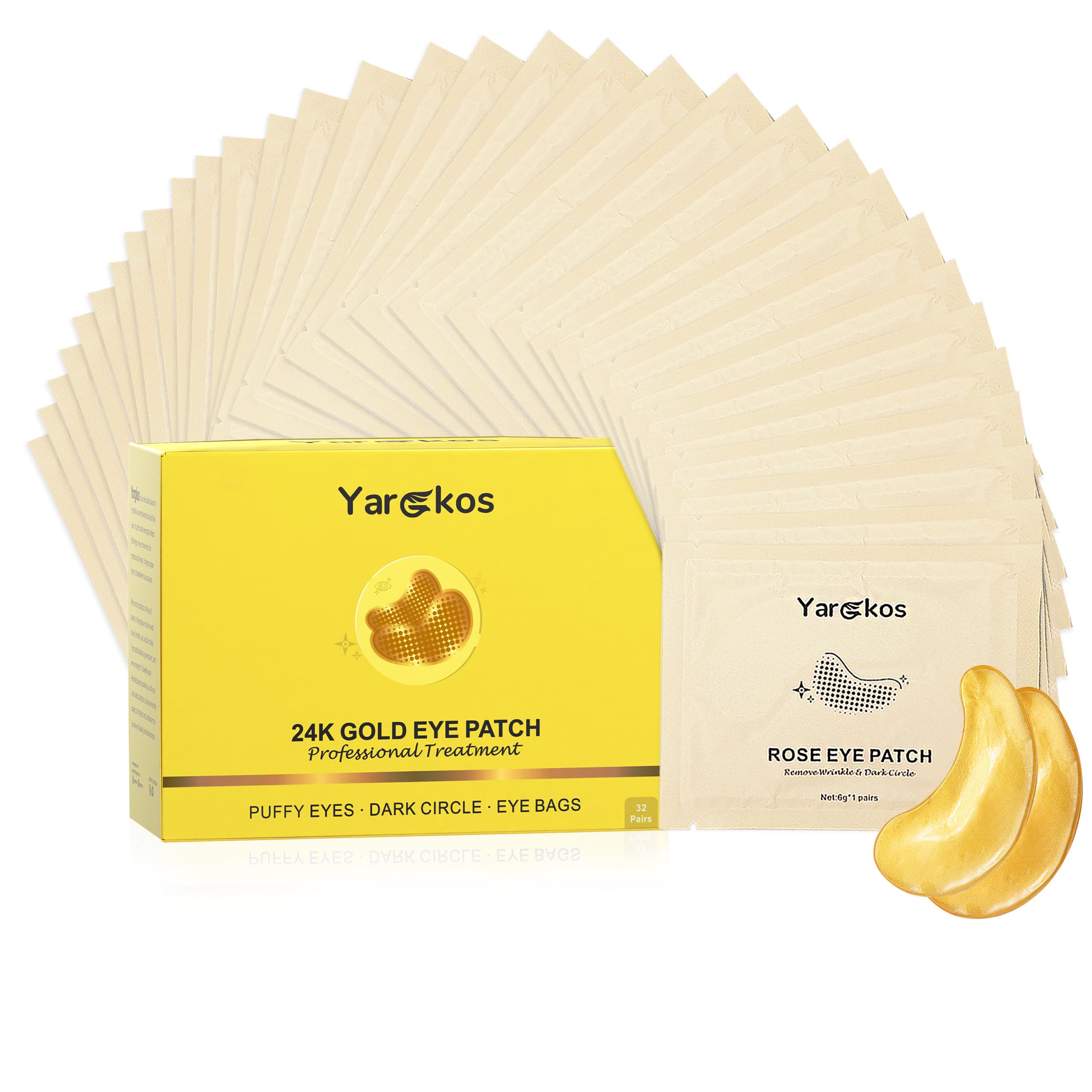 32 Pairs 24K Gold Under Eye Patches, Golden Undereye Pads, Hydrating Eye Masks for Anti Wrinkles Puffy Eyes Dark Circles, Puffiness Eye Bags Eyes Gel Pads, Women Men Travel Skincare Set