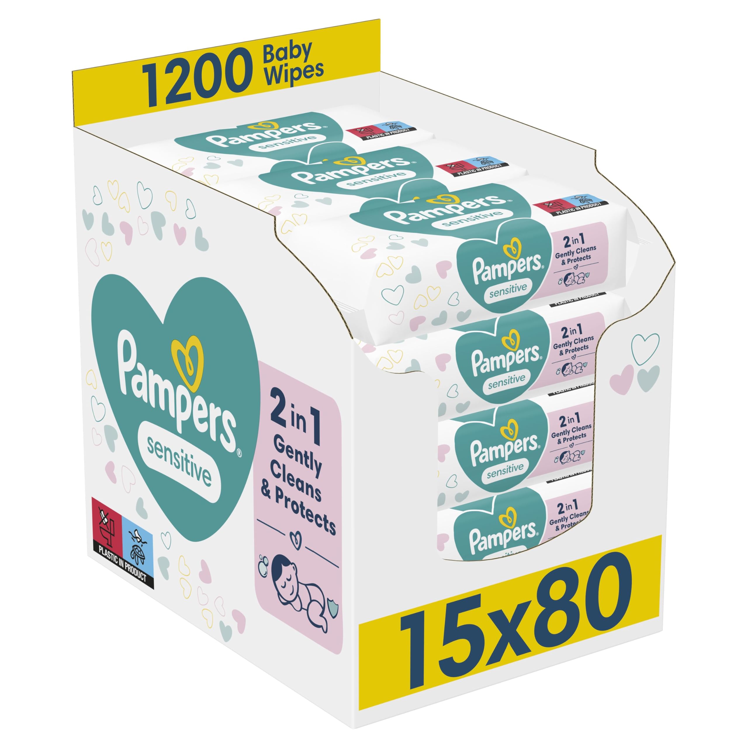 Pampers Sensitive Baby Wipes 15 Packs of 80 = 1200 Baby Wet Wipes, Unscented, For a Soft And Gentle Clean