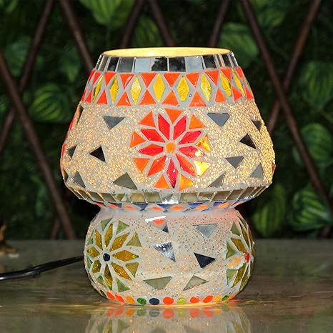 Brahmz Glass Mosaic Handmade Table Decorative Lamp Dome Shape Medium Size Stylish Design for Home, Offices and Gifting (White)