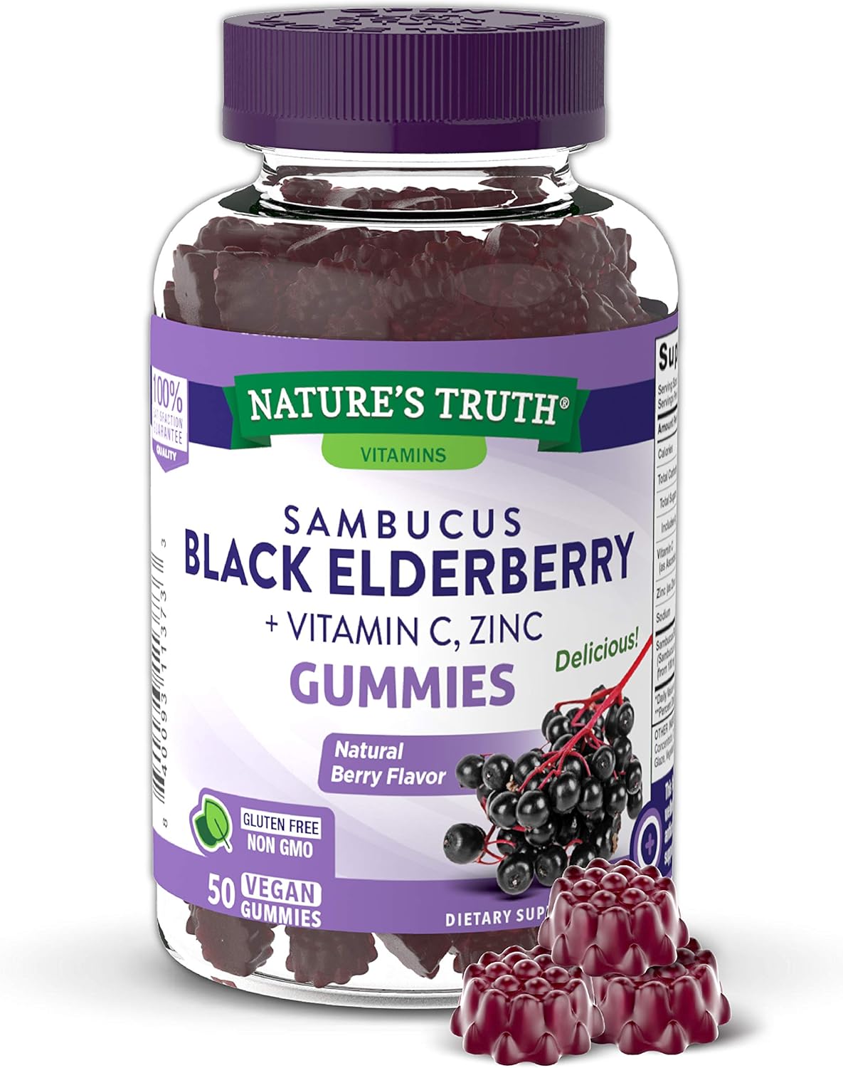 Black Elderberry Gummies 50 Count Vitamin C & Zinc Natural Berry Flavor