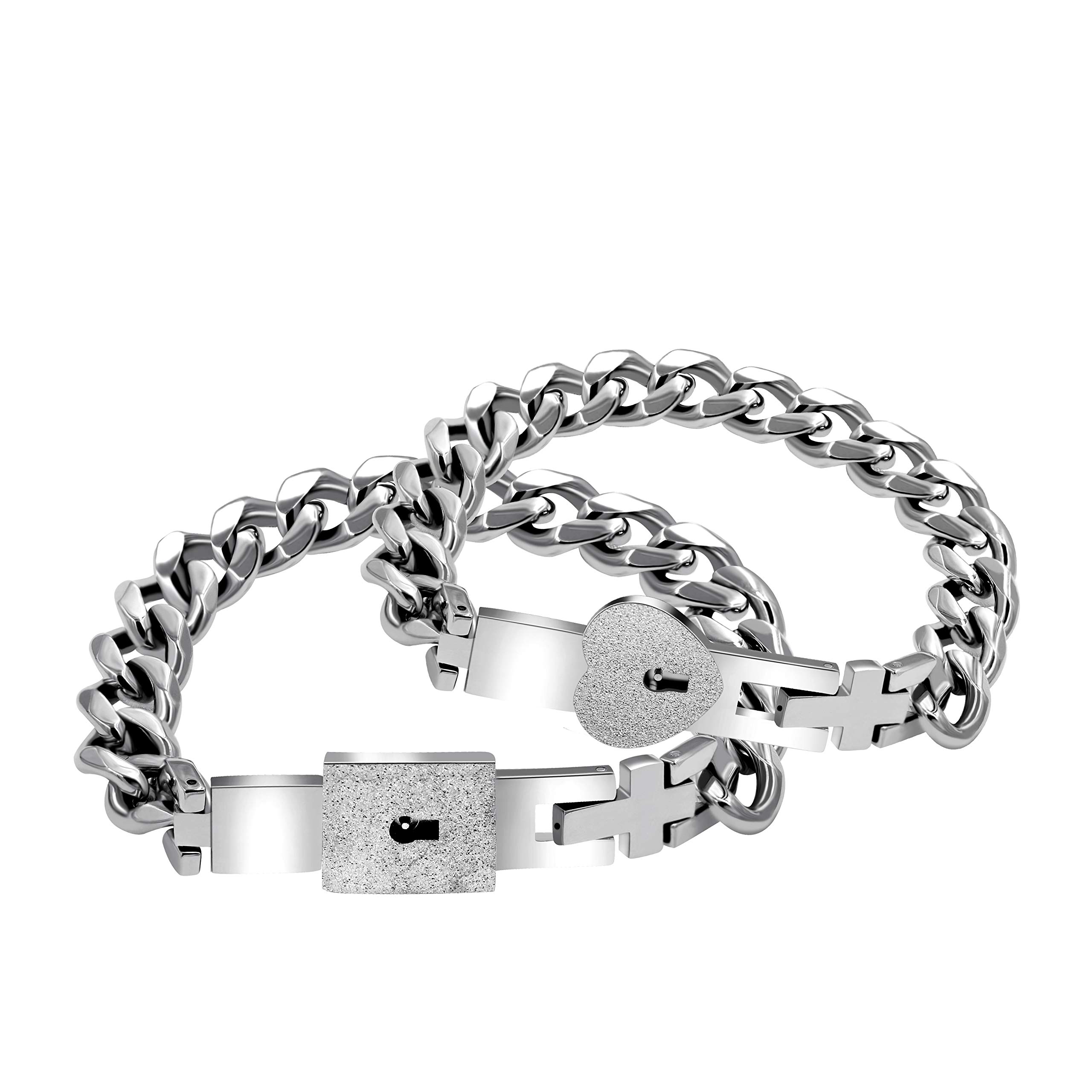 Titanium Steel Cuban Chain Bracelets for Couples, His and Hers Square Heart Lock Bangles Set Matching Jewelry for Boyfriend and Girlfriend (Couples Bracelet Set) — image 1