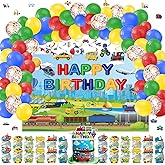 KimaruLZ Transportation Birthday Party Supplies, 185 Pcs Transportation Train Car Themed Party Decorations for Boys Girls - Backdrop, Toppers, Balloons, Cupcakes Wrappers, Hanging Swirls, Stickers