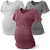 Rnxrbb Long Enough Maternity Shirts Short Sleeve Summer Pregnancy Tops& Tees Clothes V Neck Casual Outfits for Women 3 Pack