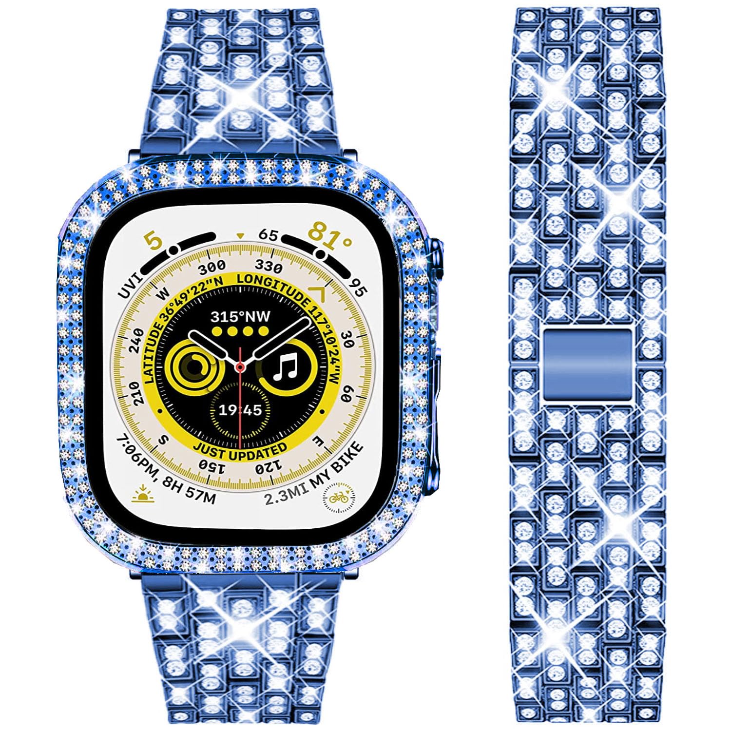 DEALELE Starp and Case Compatible with Apple Watch Ultra 2 / Ultra 49mm, Bling Rhinestone Diamond Metal Bracelet with Protective Case Cover Replacement for iWatch Series 10/9 / 8 Ultra (Blue)