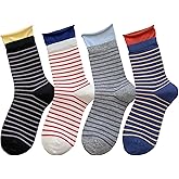 zrylibya Women Roll Top Ruffle Socks, Colorful Striped Pattern Vintage Crew Socks 4 Pairs