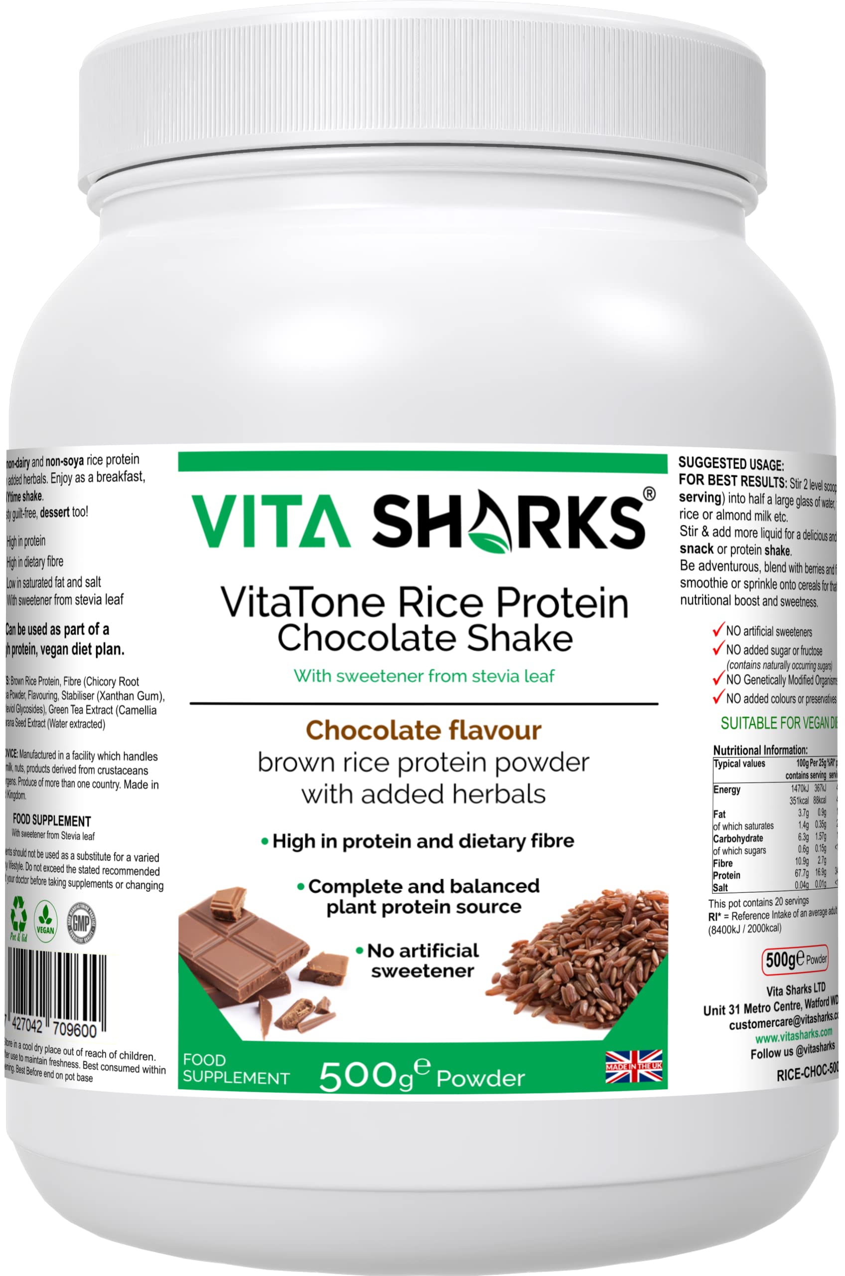 VitaTone Rice Vegan Natural Alternative High Protein Shake with Green Tea Extract to Support Total Immunity, Healthy Colon, Weight, Boost Metabolism, Increased Muscle Mass (Chocolate Flavour)