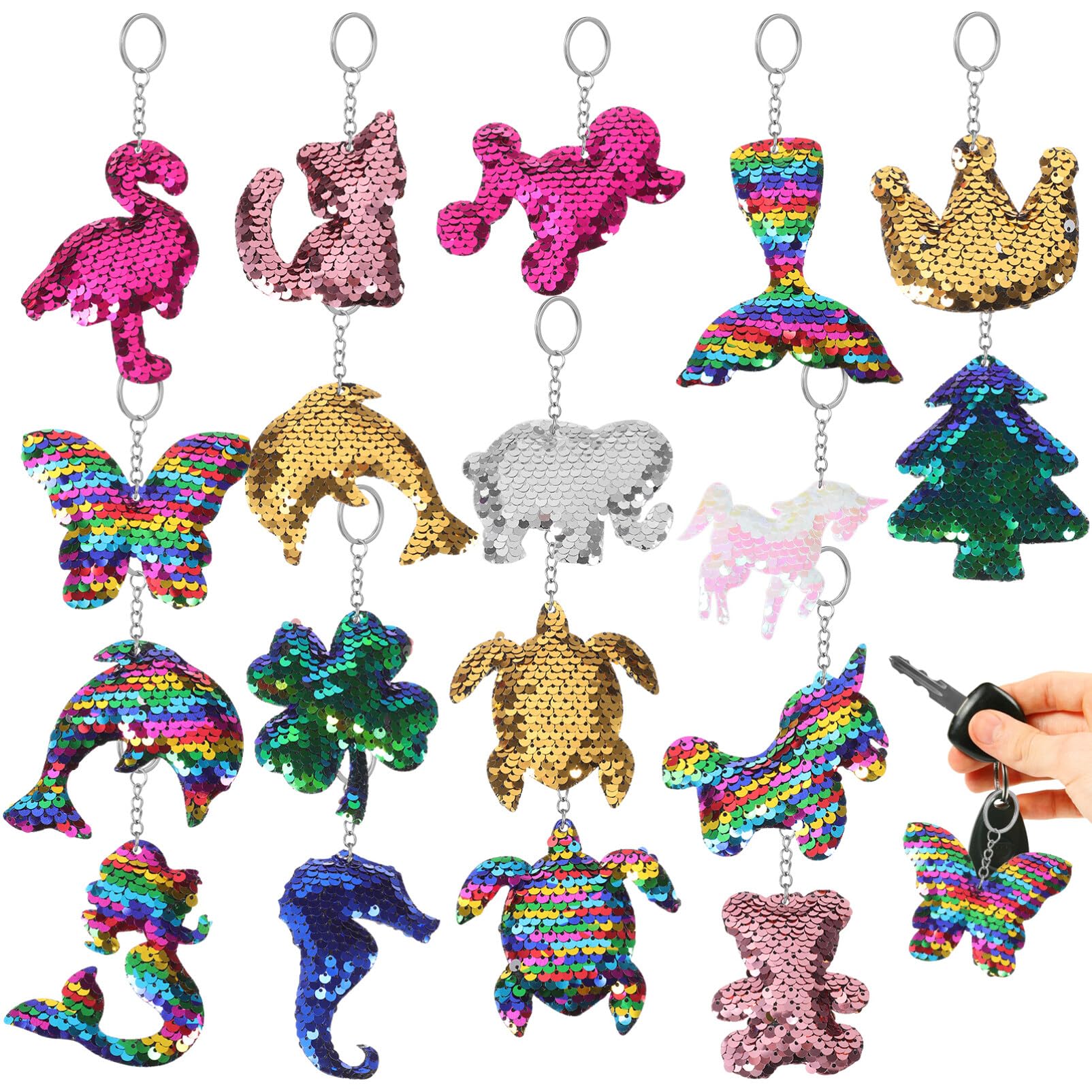 EXCEART 18pcs Colorful Sequin Keychains,Reversible Sequins Keyrings Reflective Double Sided Filled Keyring Accessory