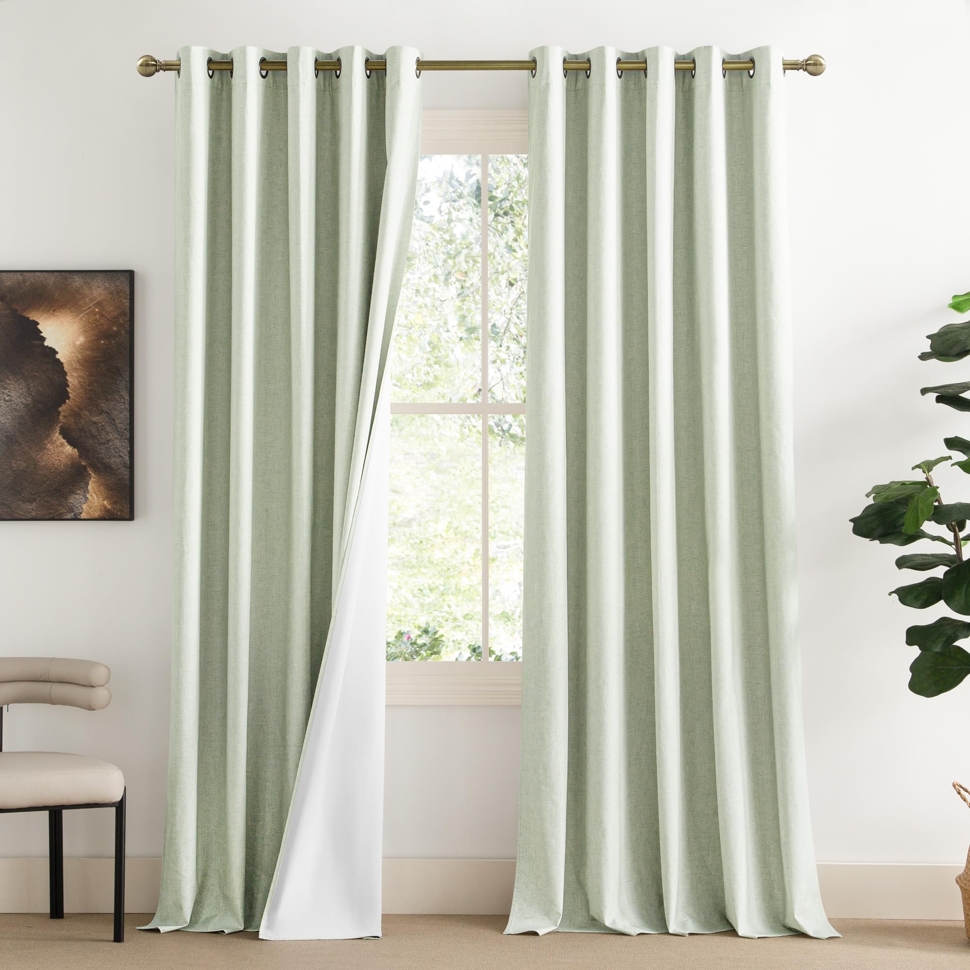 NICETOWN Extra Long Linen 100% Blackout Curtains 120" Length 2 Panels Set with Thermal Insulated Liners, Sage Green, 62" Width, Farmhouse Style Window Draperies for Patio Sliding Glass Door Image