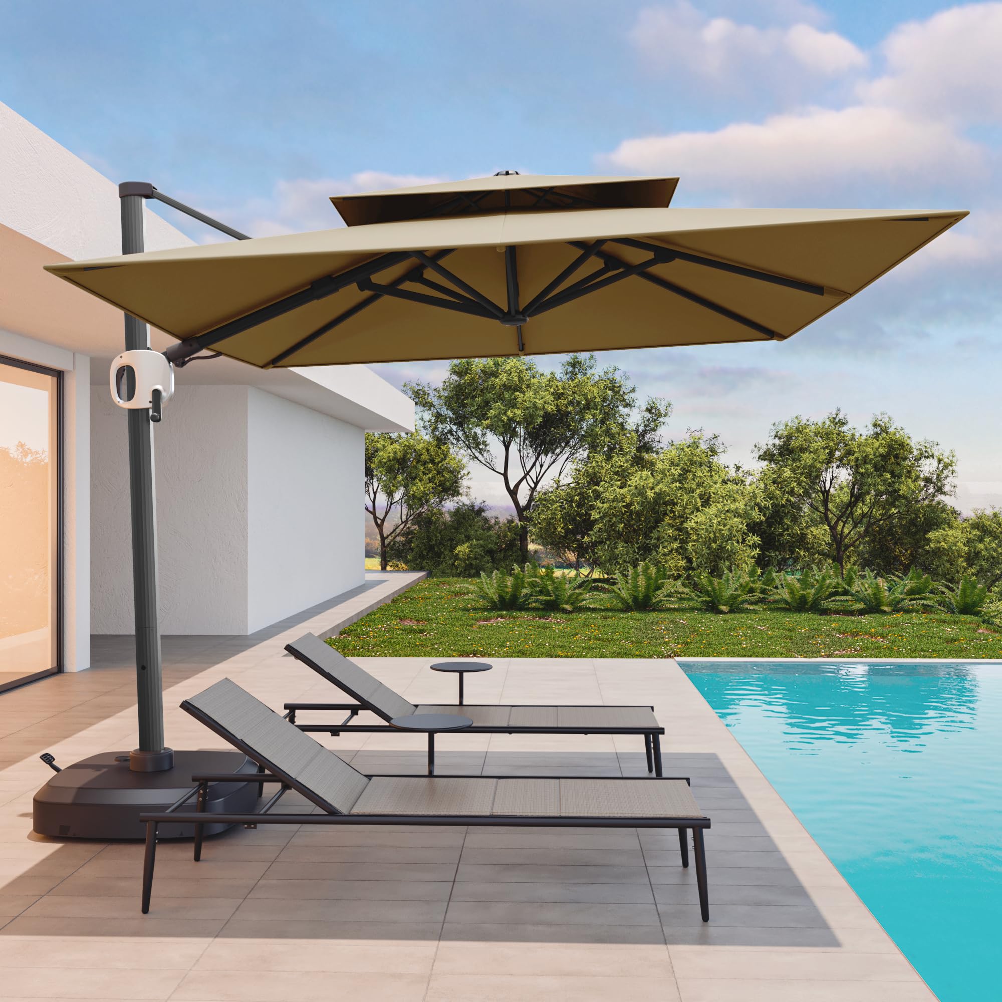 EAST OAK and Flame&Shade Patio Umbrella, 10ft Square Outdoor Umbrella, Large Offset Cantilever Umbrella with 360° Rotation, Heavy Duty Windproof and UV Resistant Double Top Umbrella for Pool and Deck, Tan