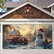 Décoration De Noël Pour Porte De Garage - Bannière Grand Format Avec Motifs (bonhomme De Neige, Père Noël) - Tissu Polyester Résistant