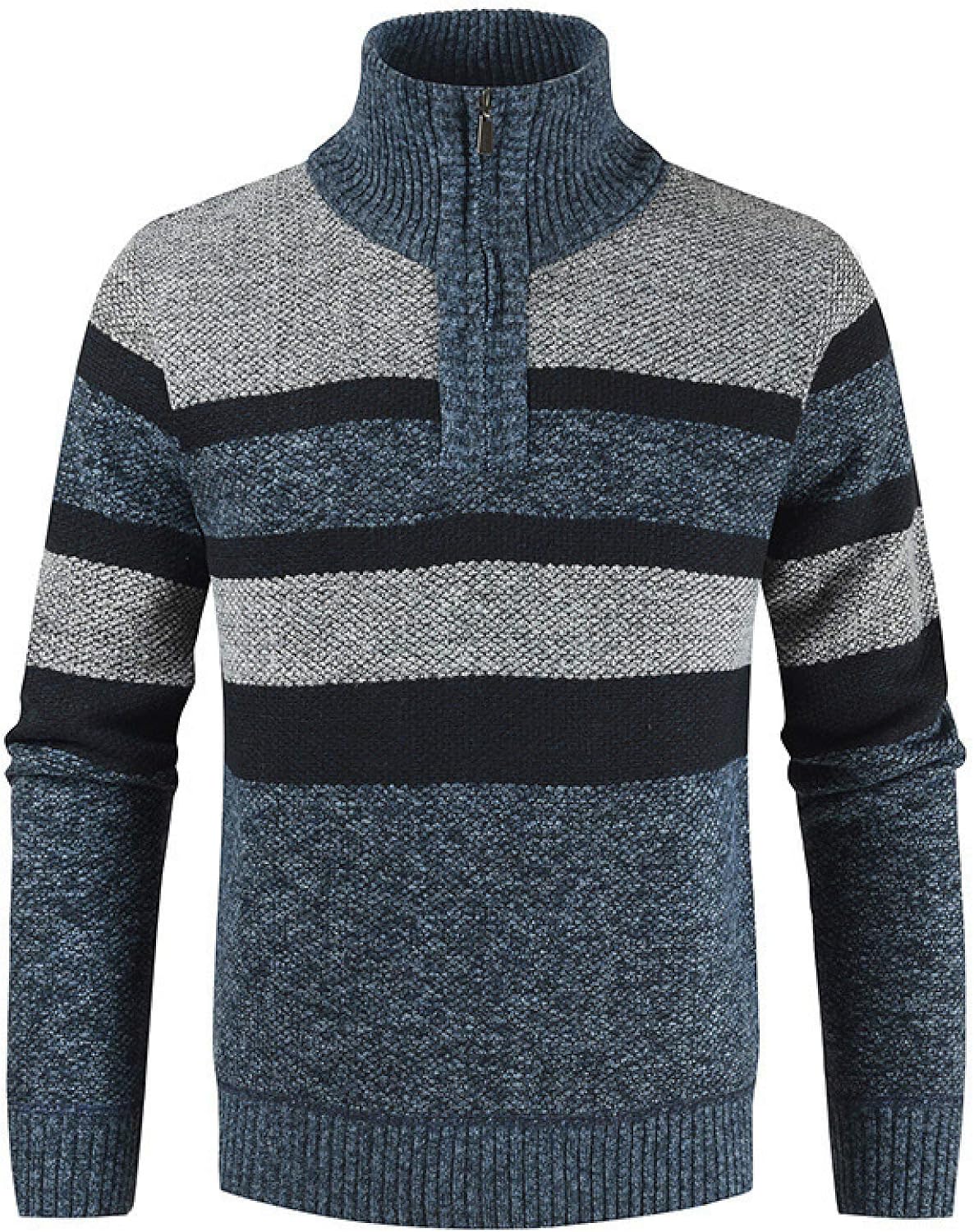 Men's Turtleneck Sweater Slim Fit Pullover Zipper Neckline Stripe