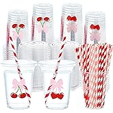 taupphoo 50 Pcs 16 oz Pink Bow Cherry Plastic Cups with Lids and Straws Bow Cherry Party Supplies Disposable Cups for Bridal Baby Shower Birthday Wedding Party Supplies
