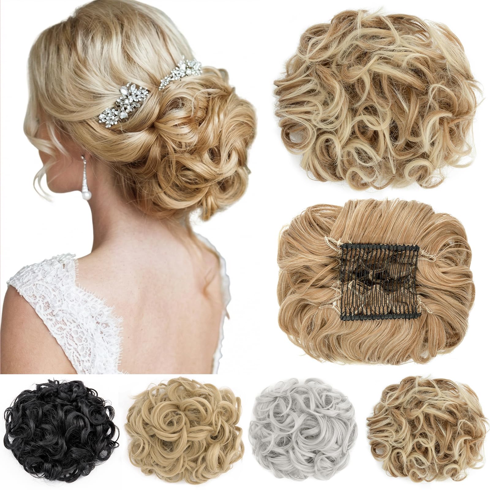 Short Messy Curly Dish Hair Bun Extension Easy Stretch hair Combs Clip in Ponytail Extension Scrunchie Chignon Tray Ponytail Hairpieces Strawberry Blonde mix Platinum Blonde