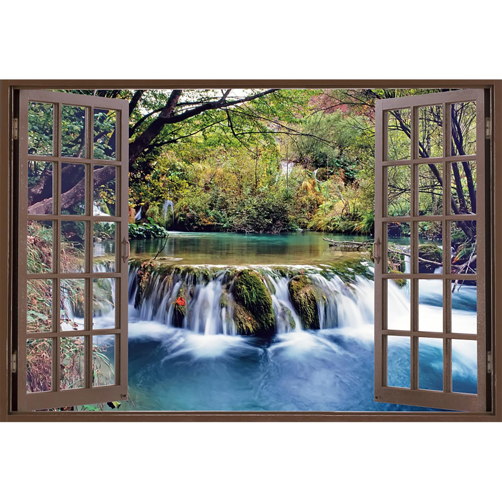 MIRRORANG 2,2x1,5m Window Scenery Backdrop Waterfall Green Forest Spring Natural Landscape Photography Background Interior Living Room Decor Portrait Photo Booth Props, Vinyl