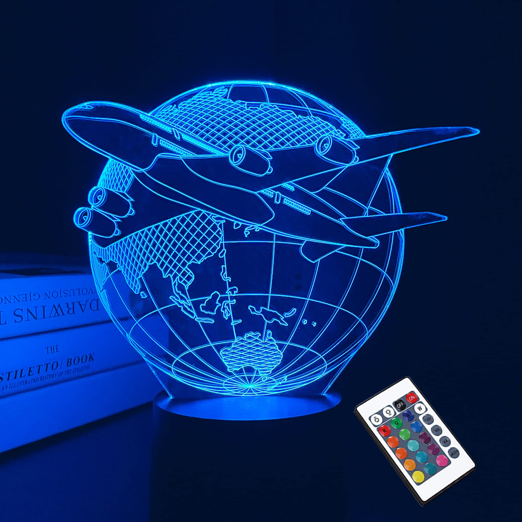 Airplane 3D Illusion Night Light LED Earth Table Lamp 16 Color Birthday Gifts for Boys Men Pilot Office Room Decoration