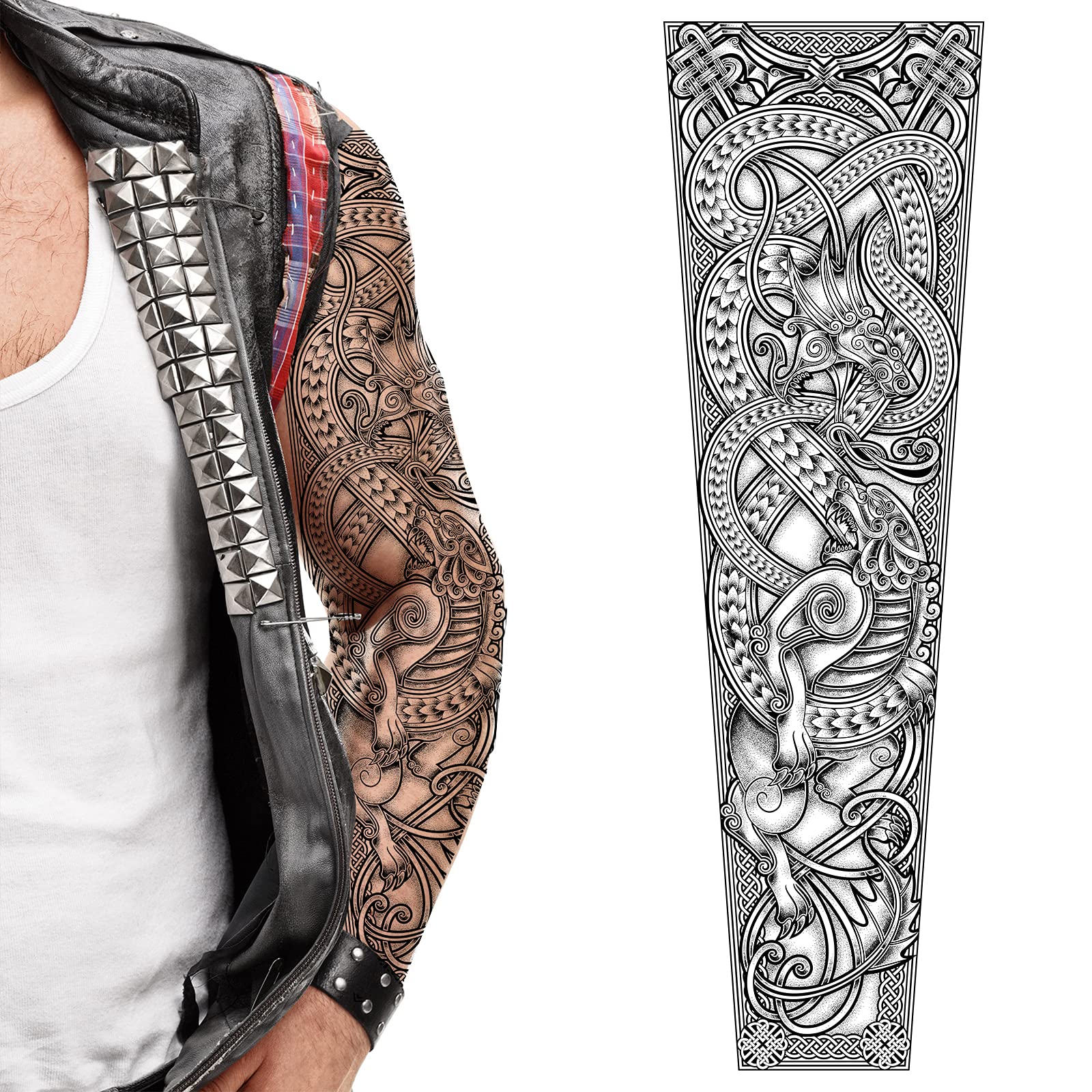Tatodays temporary tattoo full arm viking dragon stick on body art transfer women and men cosplay halloween adult temp tattoo for arms