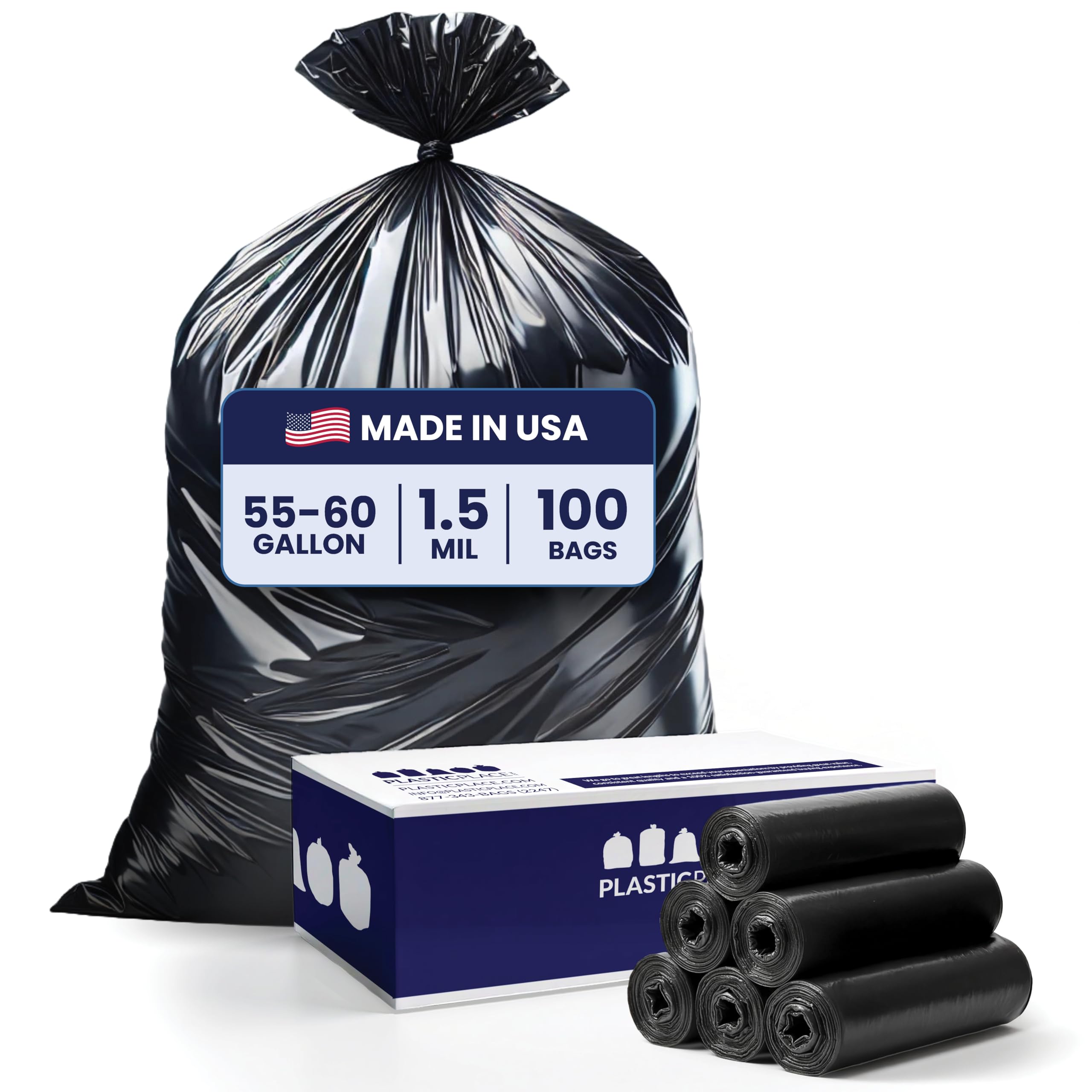 Plasticplace 55-60 Gallon Trash Bags, Heavy Duty, Black Garbage Can Liners, Puncture-Resistant Star Seal, 38" x 58", 100 Count for Warehouse, Kitchen, and Outdoor Use 1.5 Mil Image