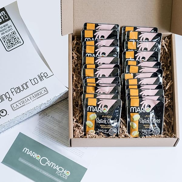 MARIO CAMACHO FOODS 20G PITTED SNACK OLIVES GIFT BOX – HERB & SPICE – 25 POUCHES